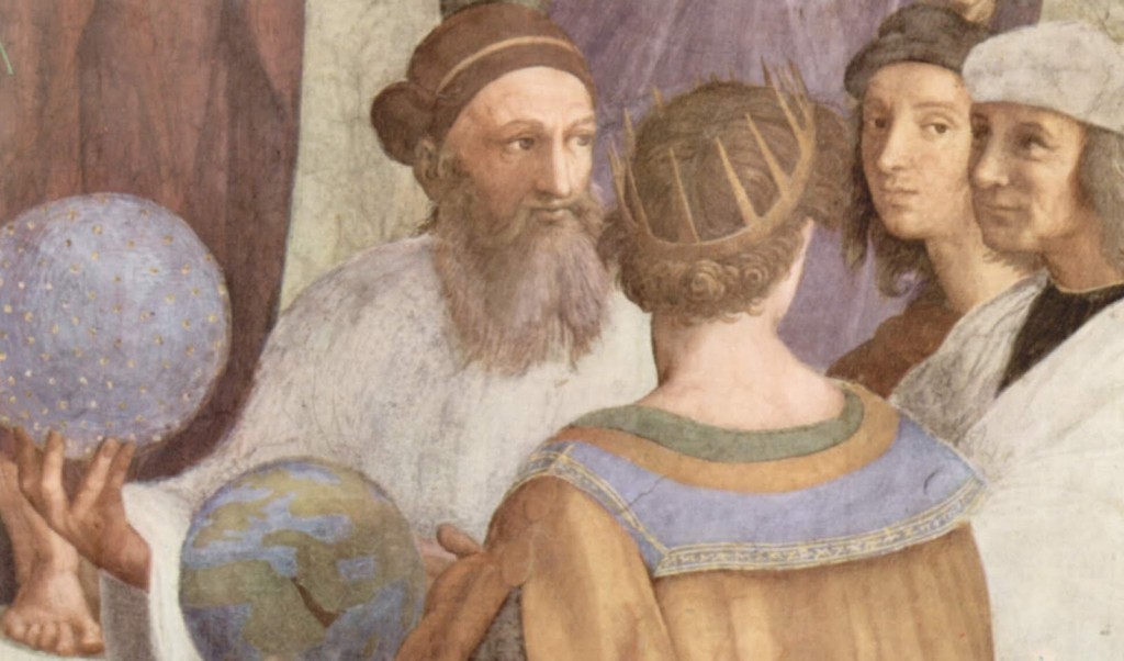 The School of Athens by Raphael 1509- Zoroaster left, with star-studded globe